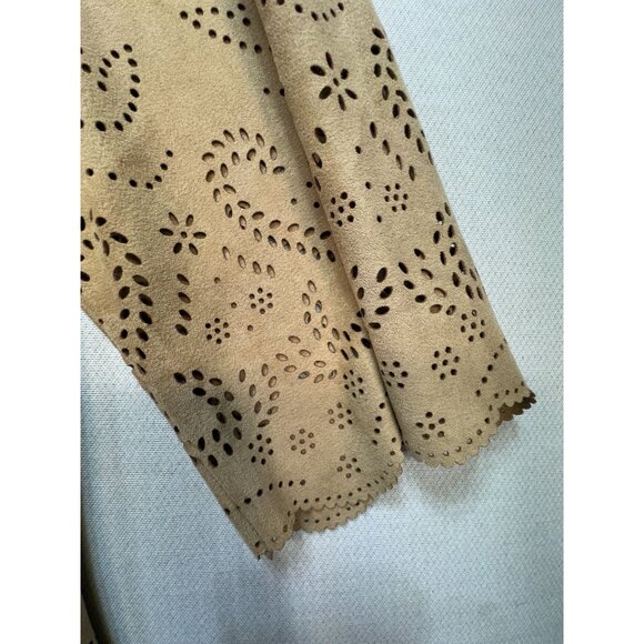 Chico's Women's V Neck Tunic Top Long Sleeve Stretch Faux Suede Paisley Sz 3 Tan - Picture 5 of 12